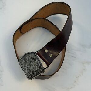 Vintage Alice in wonderland Brown Leather Belt with Silver Buckle